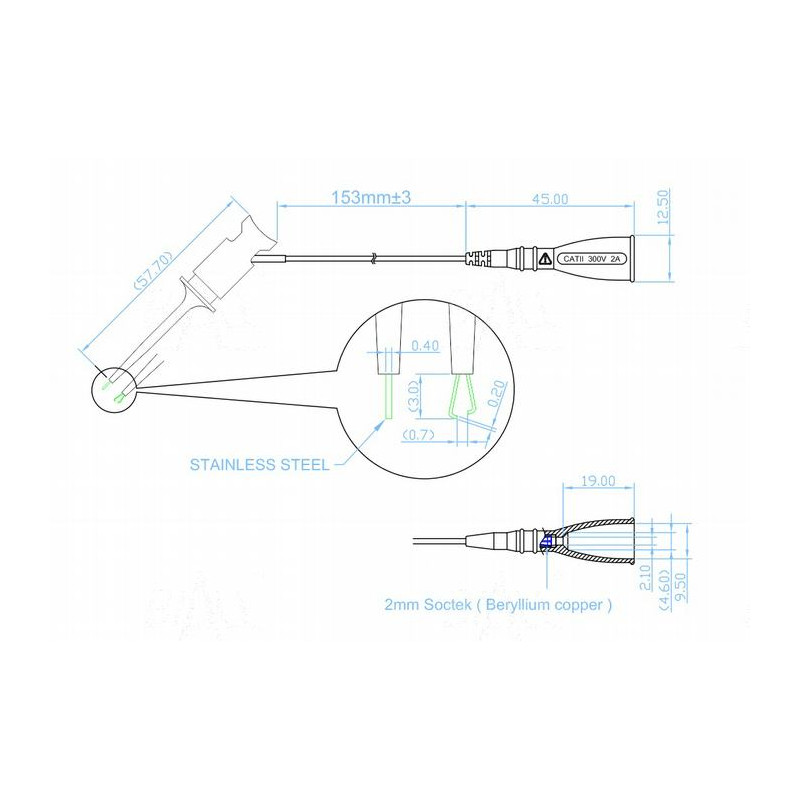 Chwytak bezp. pazurkowy CH1N-0014-R + przewód gn. 2mm CAT II 300V, 2A czerwony