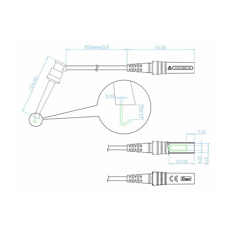 Chwytak bezp. haczyk. CH1N-0022-R + przewód gn. 4mm CAT III 600V, 5A czerwony